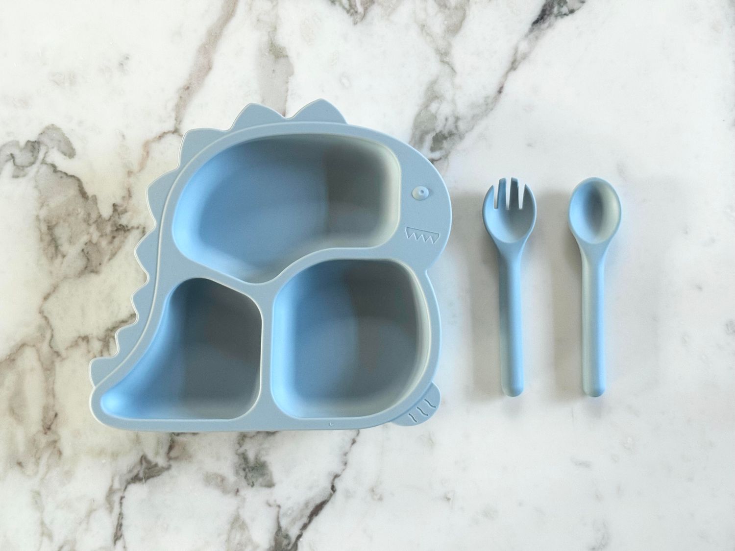 Dino bord met bestek - Blauw - 3 delig