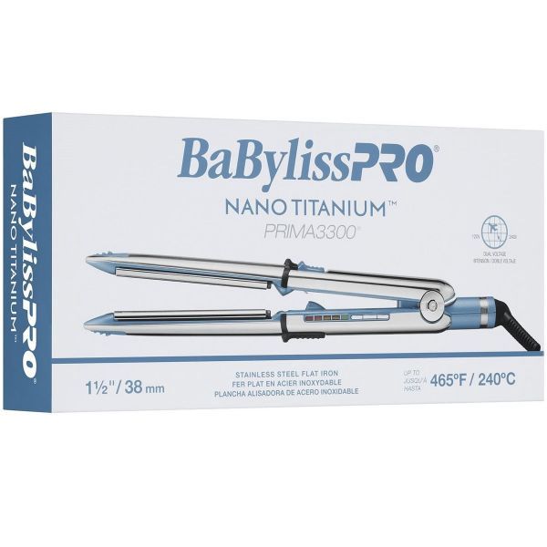 BaByliss Pro Nano Titanium Flat Iron Prima 3300 Stainless Steel  - 1-1/2" #BNT3300TUC (Dual Voltage)