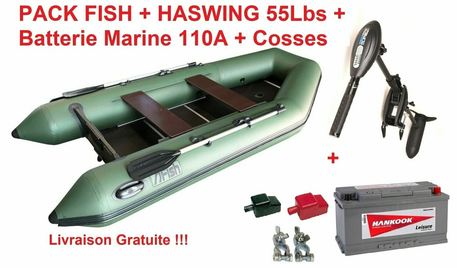 PACK COMPLET FISH + Moteur HASWING 55Lbs +Batterie Marine 110A