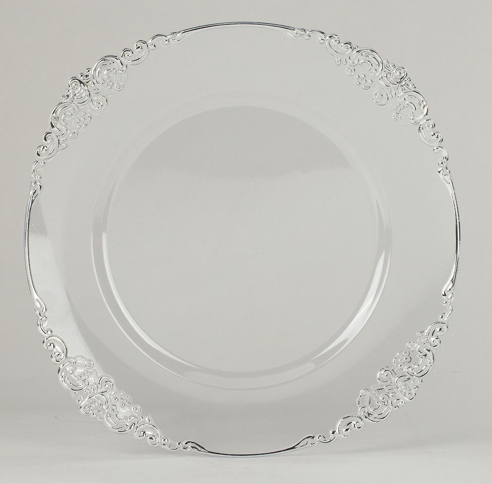 13" ROUND CLEAR CHARGER PLATE WITH BAROQUE EDGE SILVER ACRYLIC