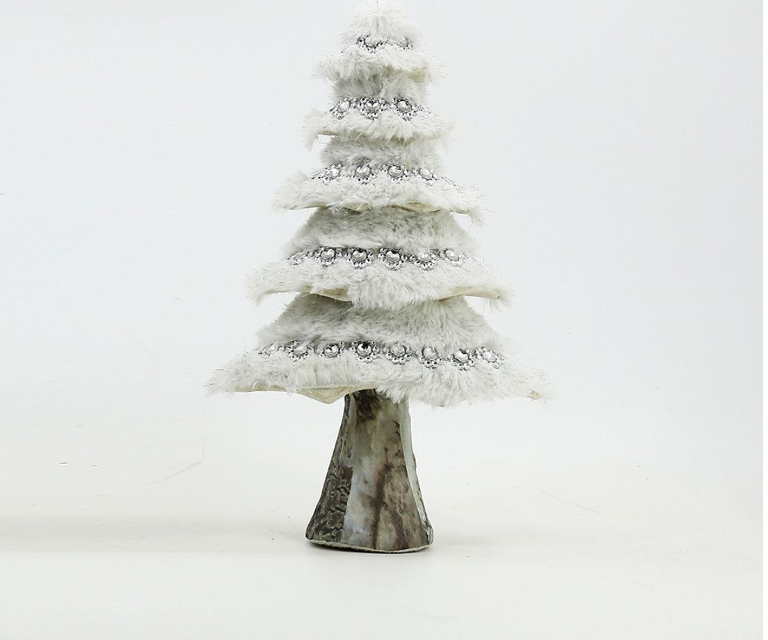 15.5”H X 9” WHITE FURRY CHRISTMAS TREE WITH RHINESTONES AND BIRCH STUMP