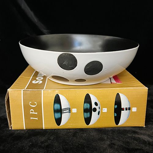 WHITE BOWL W BLACK DOTS  7" ROUND