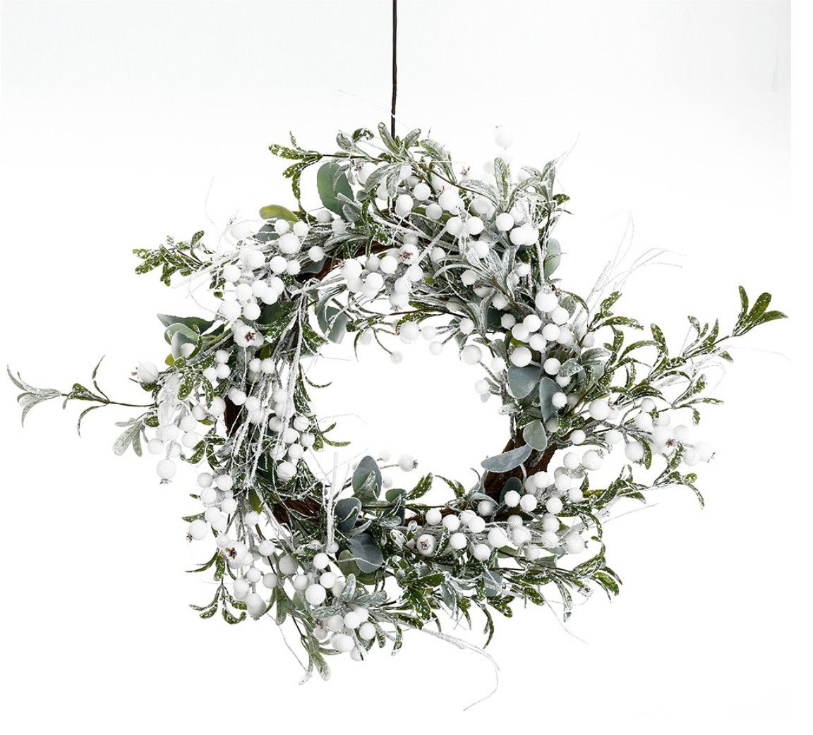 27.5”D HANGING CHRISTMAS WREATH WITH WHITE SNOW BALLS