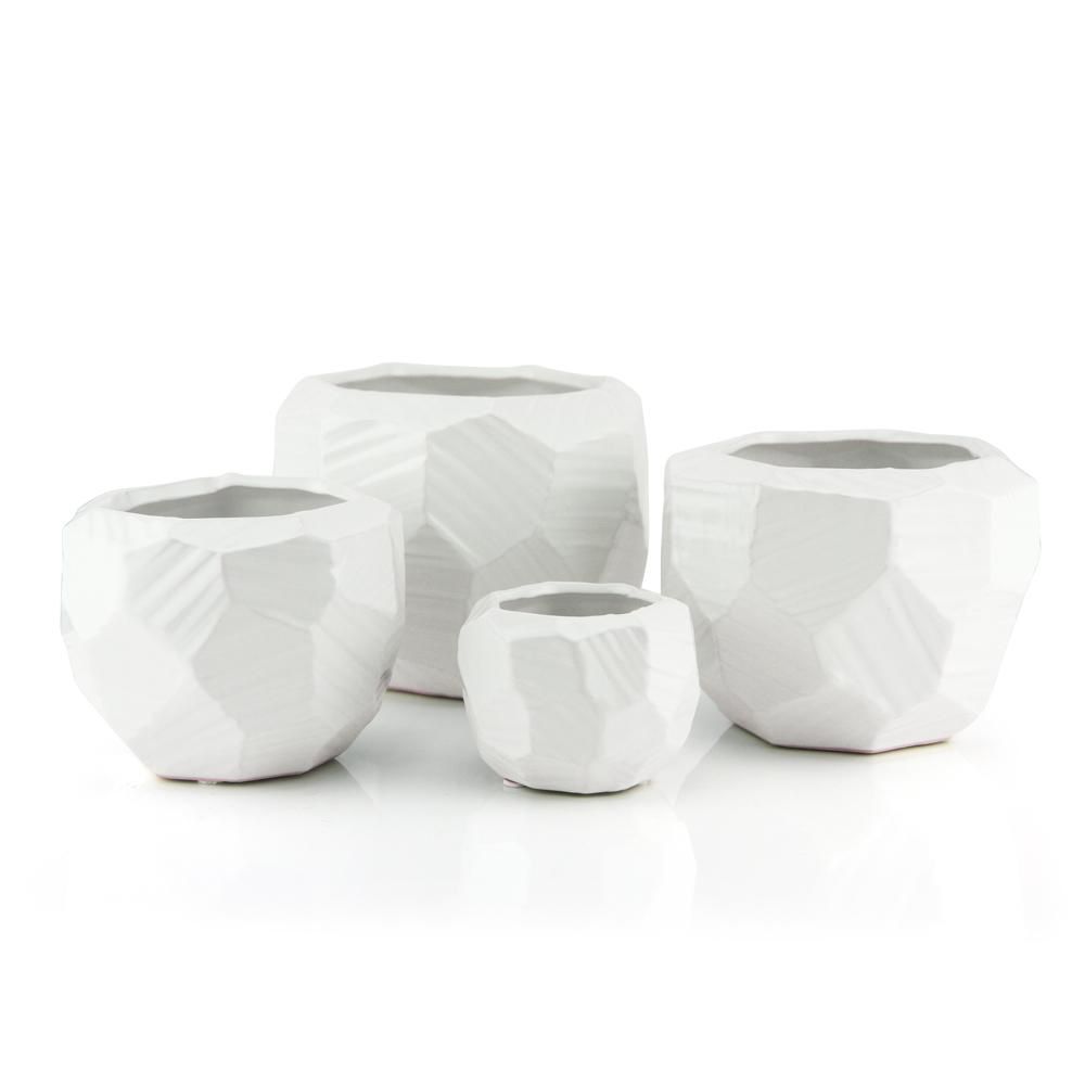 H-5.25" D-7"x6.75" Open-5.5"  WHITE GLOSSY GEOMETRIC CERAMIC
