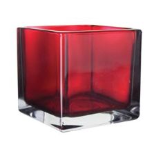 4" X 4" X 4" RED GLASS SQUARE VASE CUBE, CAN ALSO BE USED AS A VOTIVE