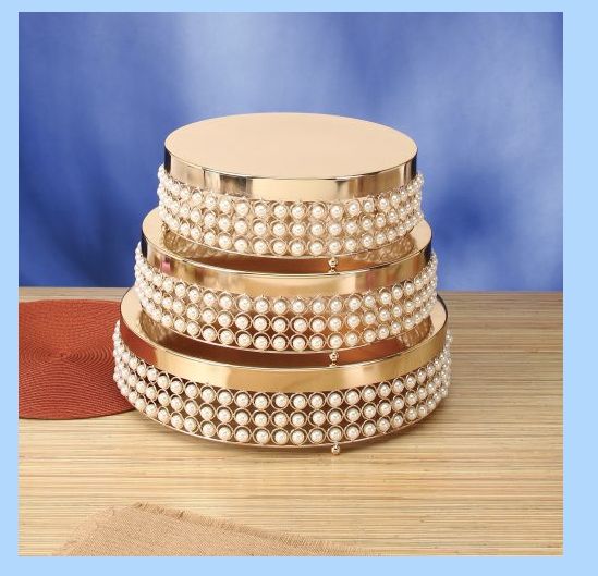 4.75”H X 12”D  ROUND METAL CAKE STAND W/ PEARLS