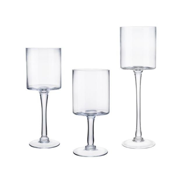H:12"/10"/8" D:3.5" HURRICANE STEM CANDLE HOLDER VASE (SOLD BY THE SET OF 3)