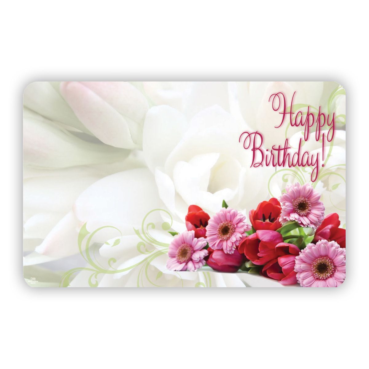 BIRTHDAY roses, gerberas, swirls 3 1/2″ x 2 1/4″