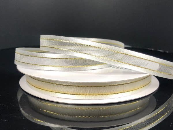 SHEER CHIFFON RIBBON SATIN EDGE 3/8"" x 25 YDWHITE/GOLD EDGE