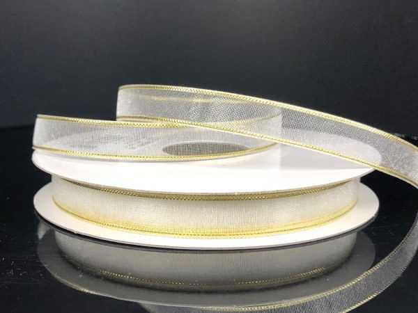 CHIFFON RIBBON 3/8"" x 25 YD.  WHITE/GOLD EDGE