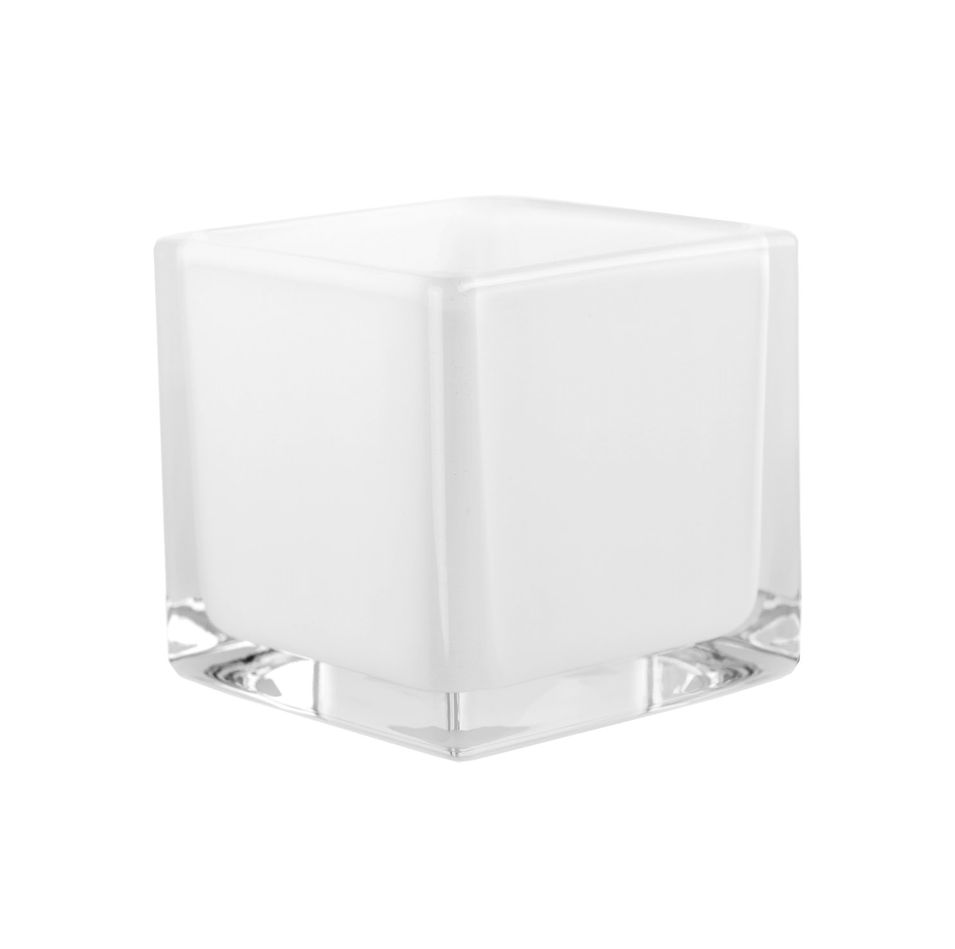 5"H X 5" X 5" WHITE GLASS SQUARE VASE CUBE, CAN ALSO BE USED AS A VOTIVE