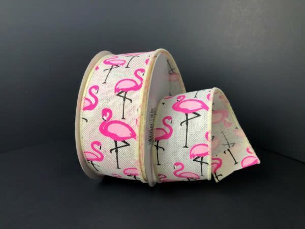 IVORY LINEN PINK FLAMINGOS, #9, 10YDS