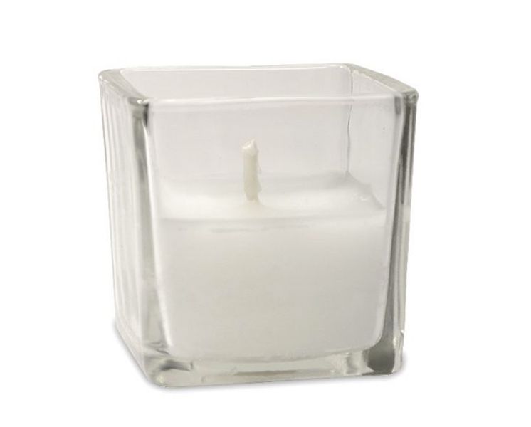 2" X 2" WHITE CANDLE IN SQUARE CLEAR GLASS, PACKED 72 PER BOX
