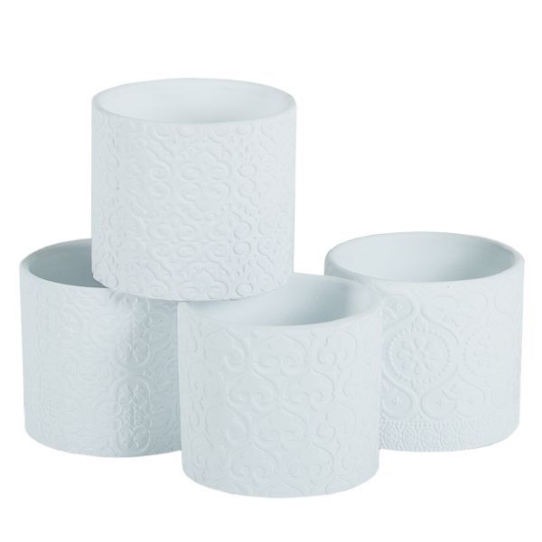 4.25"X 4.25" ROUND EMBOSSED WHITE CEMENT CYLINDER  (price per each, box has assortment)