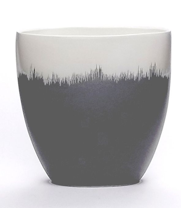 12”H X 12” X 5” CERAMIC EYE SASSO VASE TWO TONE WHITE AND GRAY