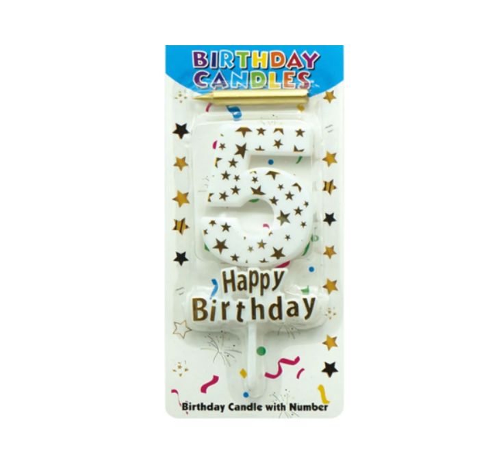 HAPPY BIRTHDAY CANDLE #5 WHITE WITH GOLD STARS