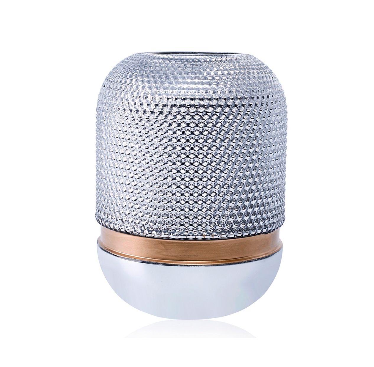 50% off was $25 now $12.50. 8”H X 5.5” SILVER/CLEAR VASE WITH GOLD BELT