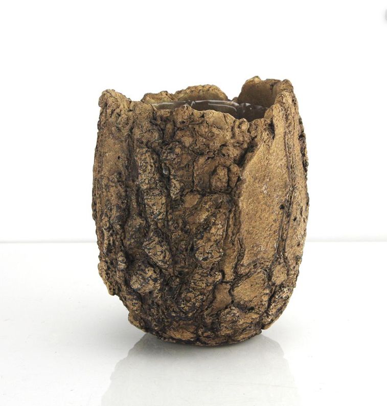 6"H X 5.5" BROWN CERAMIC FOSSIL PLANTER WITH LINER