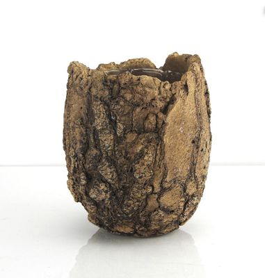 6"H X 5.5" BROWN CERAMIC FOSSIL PLANTER WITH LINER