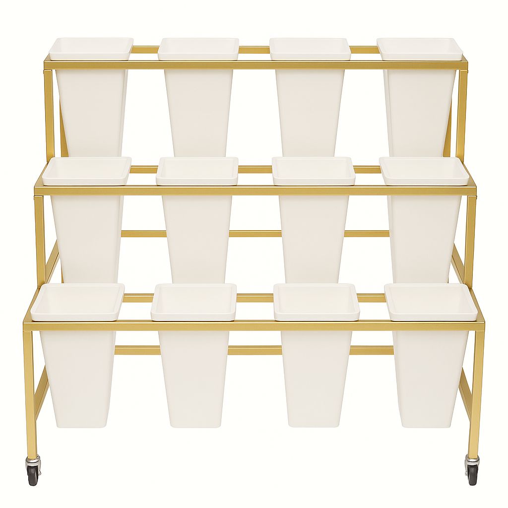 12 ROUND WHITE BUCKET, GOLD STAND W/ BUCKETS INCLUDED 31.25"H X 39.5"L X 23.25" REG PRICE $280.