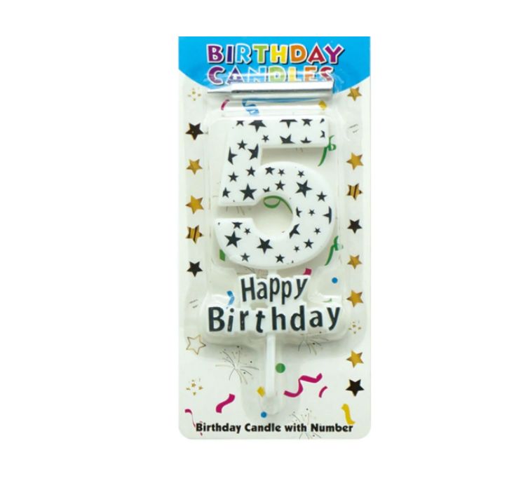 5'' BIRTHDAY CANDLE #5, WHITE W SILVER STARS