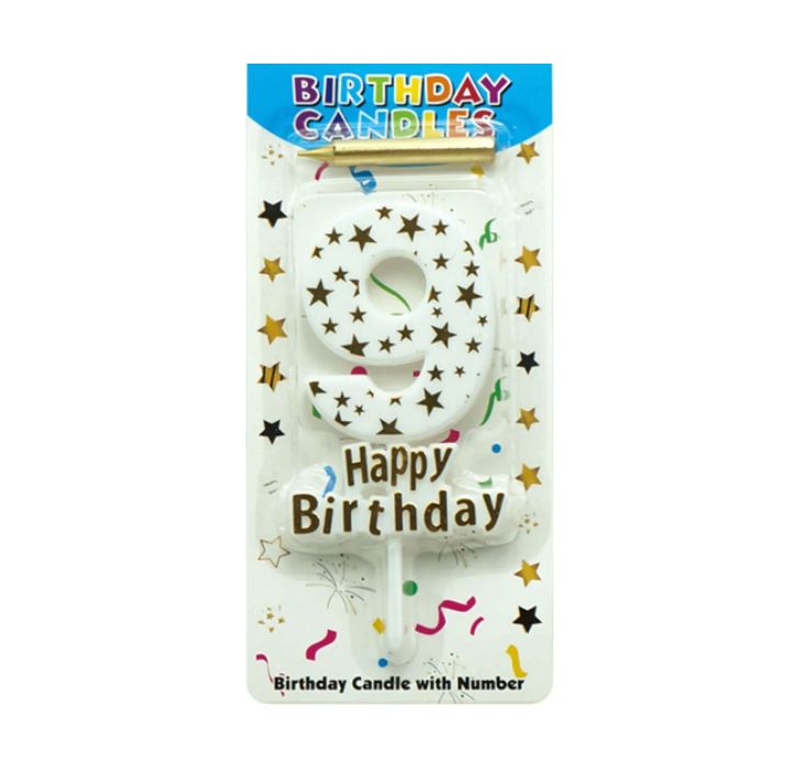 HAPPY BIRTHDAY CANDLE #9 WHITE WITH GOLD STARS