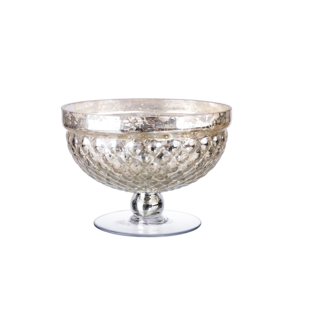 H:5.5” D:8” MERCURY SILVER GLASS LOW PEDESTAL COMPOTE