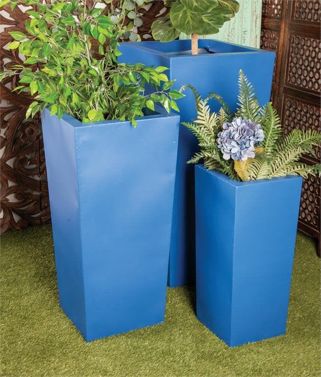60% off was $150 now $60, 25” X 12” BLUE TAPER METAL PLANTERS