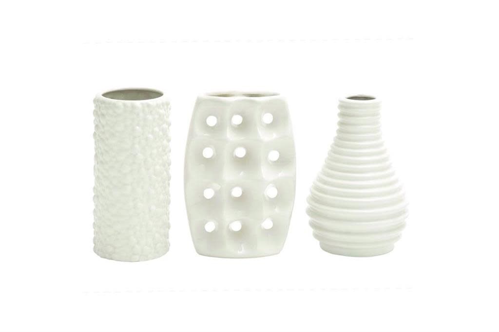 50% OFF WAS $23 NOW $11.50, 8”H X 5” WHITE CERAMIC VASE ASSORTED STYLES IN A BOX