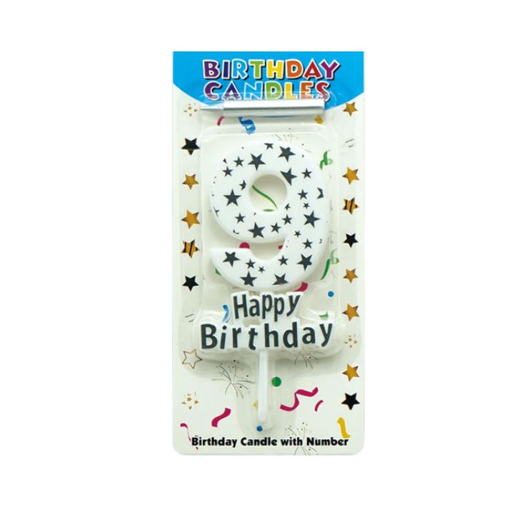 5'' BIRTHDAY CANDLE #9 WHITE W SILVER STARS