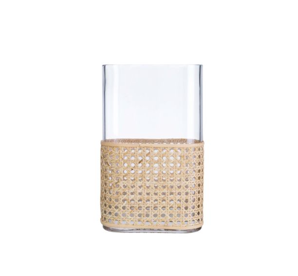 12”H X 7.5” X 3.5” BOHO GLASS WICKER CANE VASE
