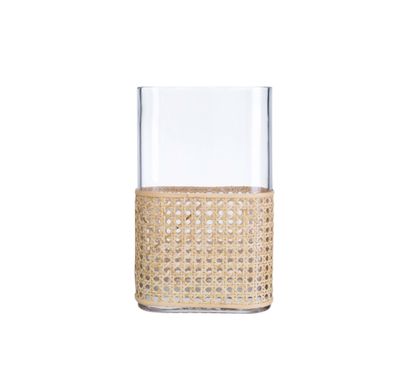 12”H X 7.5” X 3.5” BOHO GLASS WICKER CANE VASE