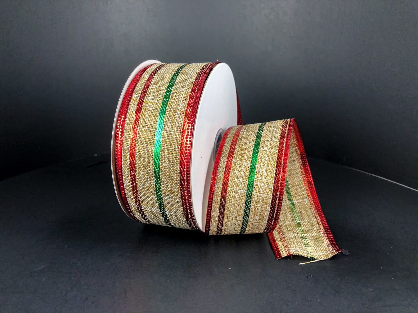 NAT LINEN/RD-EMRLD STRPS 1.5'' X 10 YDS reg $4.99