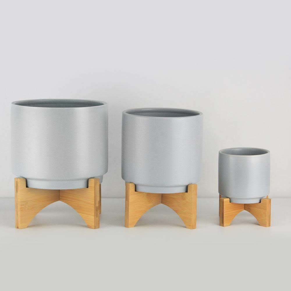 50% off was $22 now $11, 9"H Pot: 6”H X 6.25” Stand: H- 3.5"  D- 7.25" x 7.25" GRAY CLASSIC WOOD STAND CERAMIC POTS