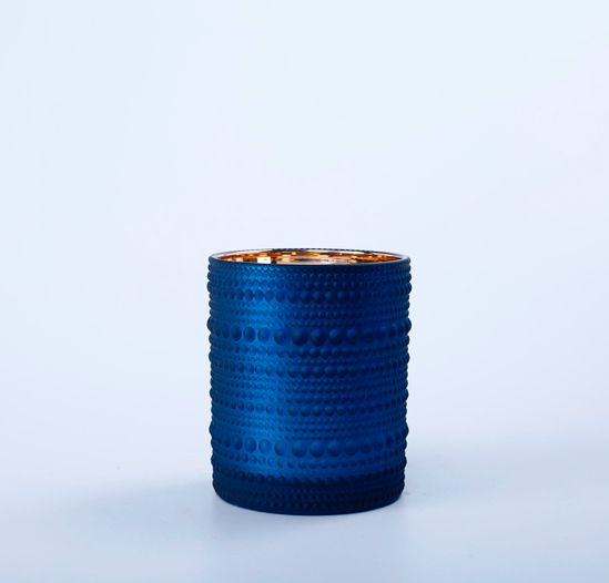 4.5”H X 3.5” BLUE GLASS VOTIVE W/ GOLD INSIDE CYLINDER