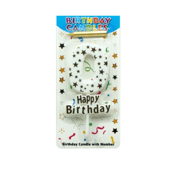 HAPPY BIRTHDAY CANDLE #0 WHITE WITH GOLD STARS