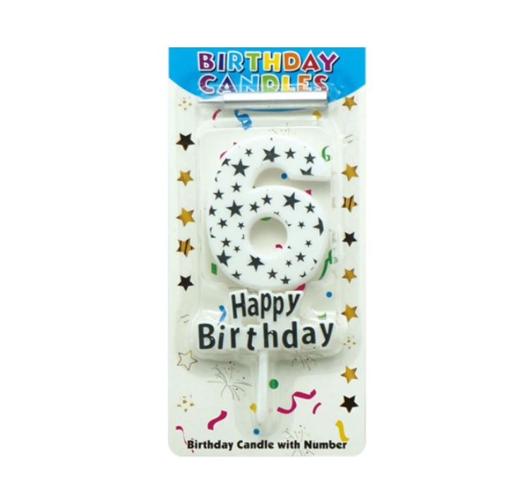 5'' BIRTHDAY CANDLE #6 WHITE WITH SILVER STARS