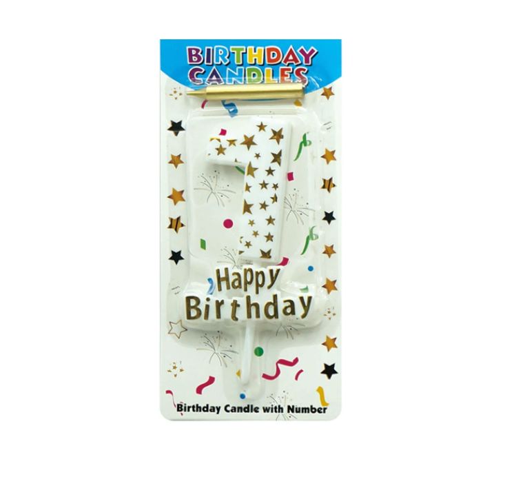 HAPPY BIRTHDAY CANDLE #1 WHITE WITH GOLD STARS