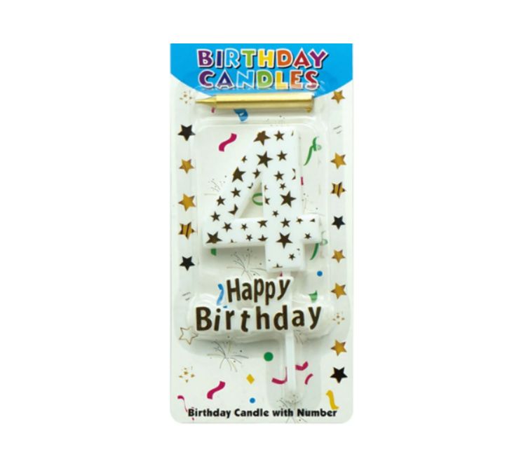 HAPPY BIRTHDAY CANDLE #4 WHITE W GOLD STARS