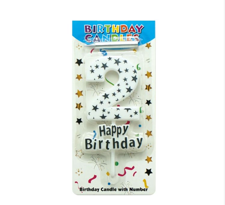 BIRTHDAY CANDLE #2 WHITE WITH SILVER STARS