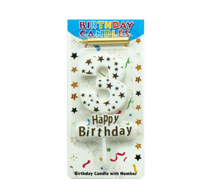 HAPPY BIRTHDAY CANDLE #3 WHITE W GOLD STARS