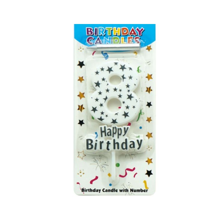 5'' BIRTHDAY CANDLE #8 WHITE W SILVER STARS