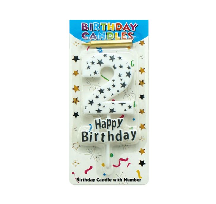 HAPPY BIRTHDAY CANDLE #2 WHITE WITH GOLD STARS