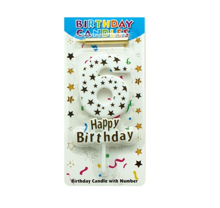 HAPPY BIRTHDAY CANDLE #6 WHITE WITH GOLD STARS
