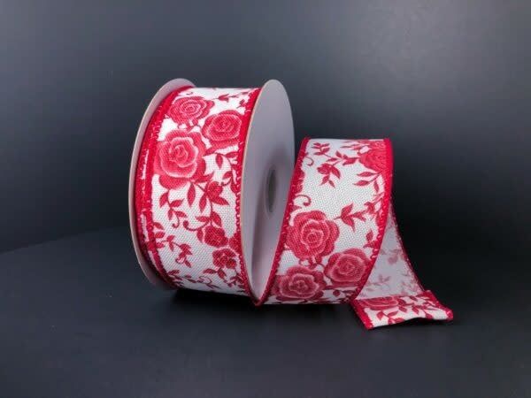 WHITE LINEN, RED HOMBRE ROSES 1.5'' X 10 YDS