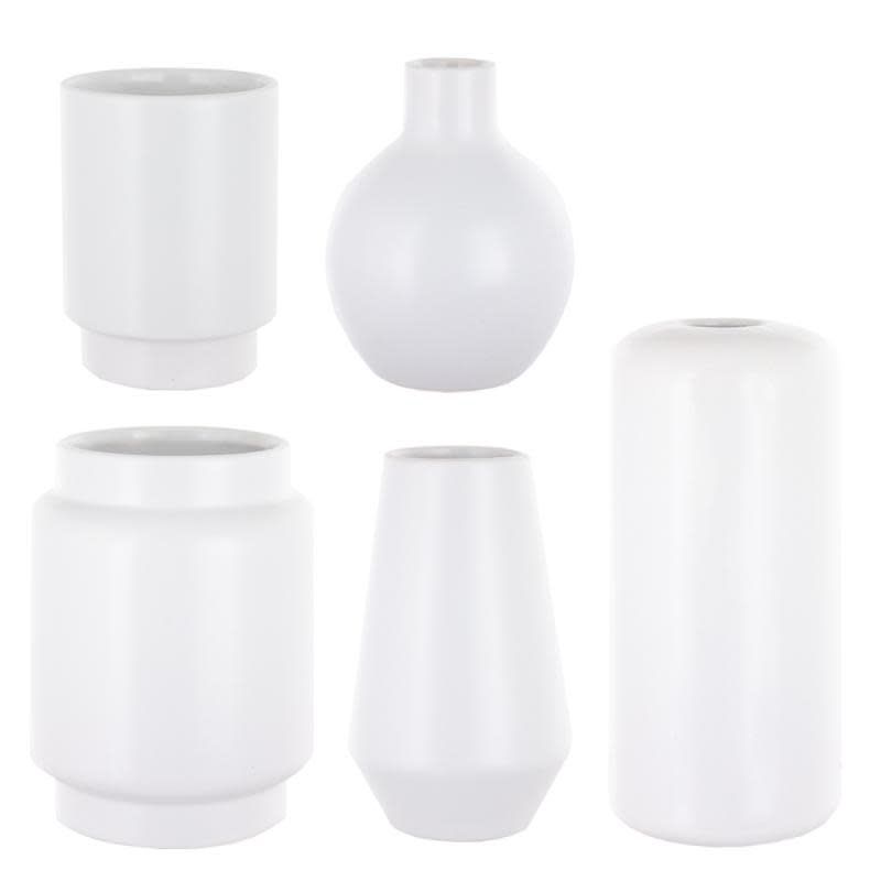 WHITE MOD BAUBLE BUD VASE ASSORTED STYLES PER CASE Heights 4"-6" openings 1"- 2 5/8" (PRICE PER EACH, BOX HAS ASSORTMENT)