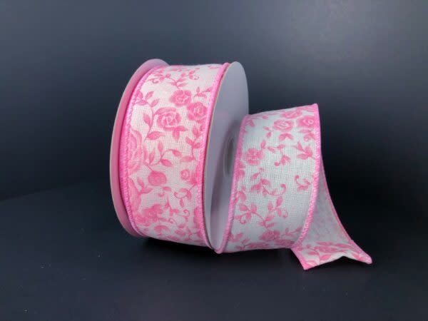 WHITE LINEN/PINK OMBRE ROSES 1.5'' X 10 YDS