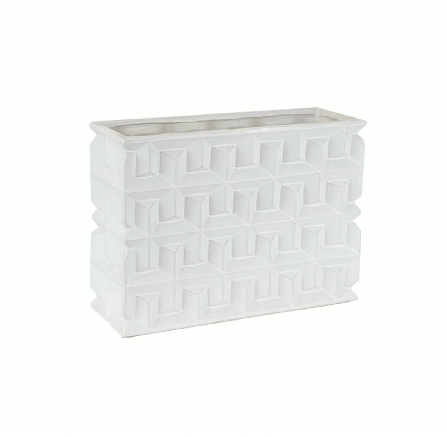 8.75”H X 11.75” X 4.75” WHITE EMBOSSED SQUARE CERAMIC VASE