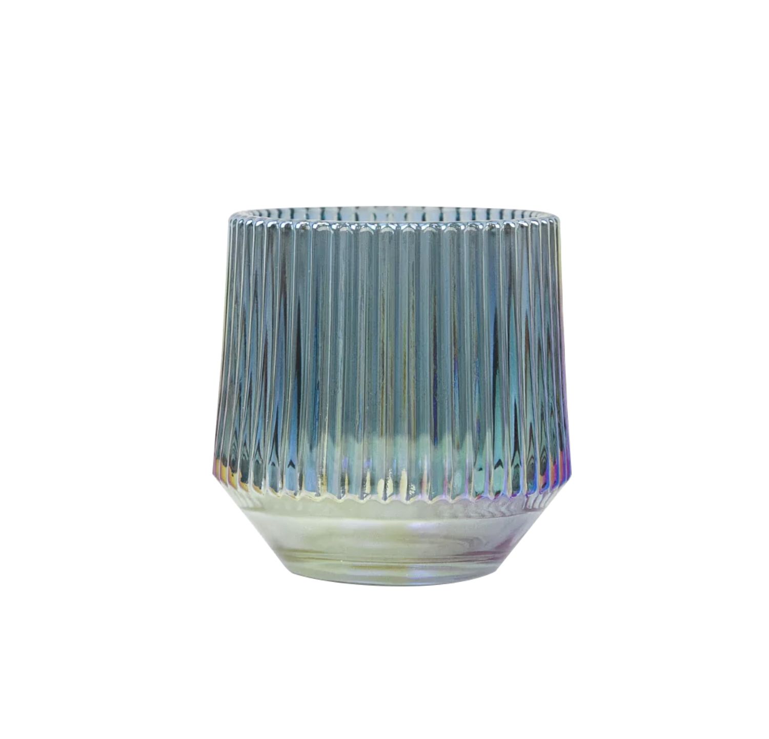 4”H X 3.75” BLUE IRIDESCENT CANDLE HOLDER