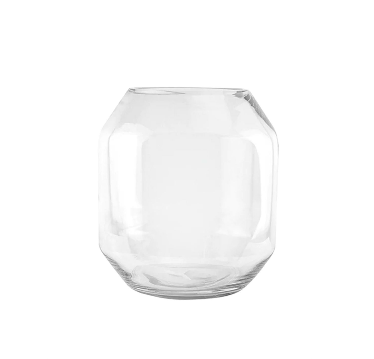 50% off was $34 now $17.0, 10”H X 9” NOVA CLEAR GLASS BARREL VASE (OPENING 5.5”)